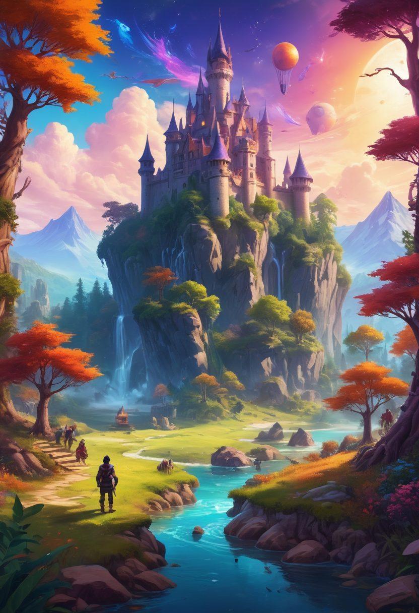 A vibrant fantasy landscape showcasing a mystical Tibia world filled with enchanting forests and towering castles. In the foreground, a diverse group of characters engaged in strategic gameplay, using spells and teamwork against a formidable monster. Include floating magical orbs and glowing treasures to symbolize success and excitement. The scene should exude camaraderie and adventure, inviting viewers to immerse themselves in the gaming experience. digital art. vibrant colors. detailed background.