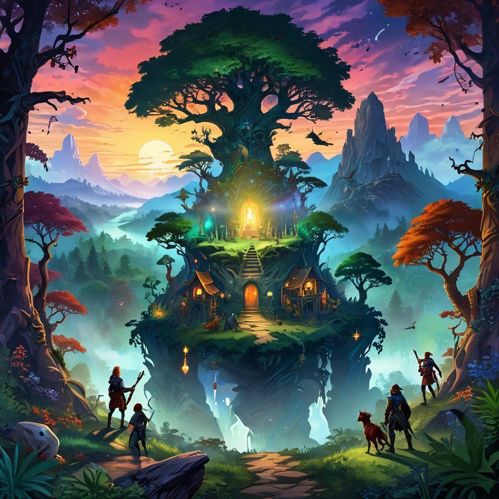 A fantastical landscape of the game Tibia, showcasing a vibrant green forest with towering ancient trees and mystical creatures peeking through the foliage. In the foreground, a diverse group of adventurers, each representing different character classes, is gathered around a magical glowing artifact, radiating light. The sky transitions from sunset hues to starry night, embodying possibilities. Enchanting details like flying dragons and treasure chests scattered throughout enhance the sense of adventure. fantasy art. vibrant colors. dynamic composition.