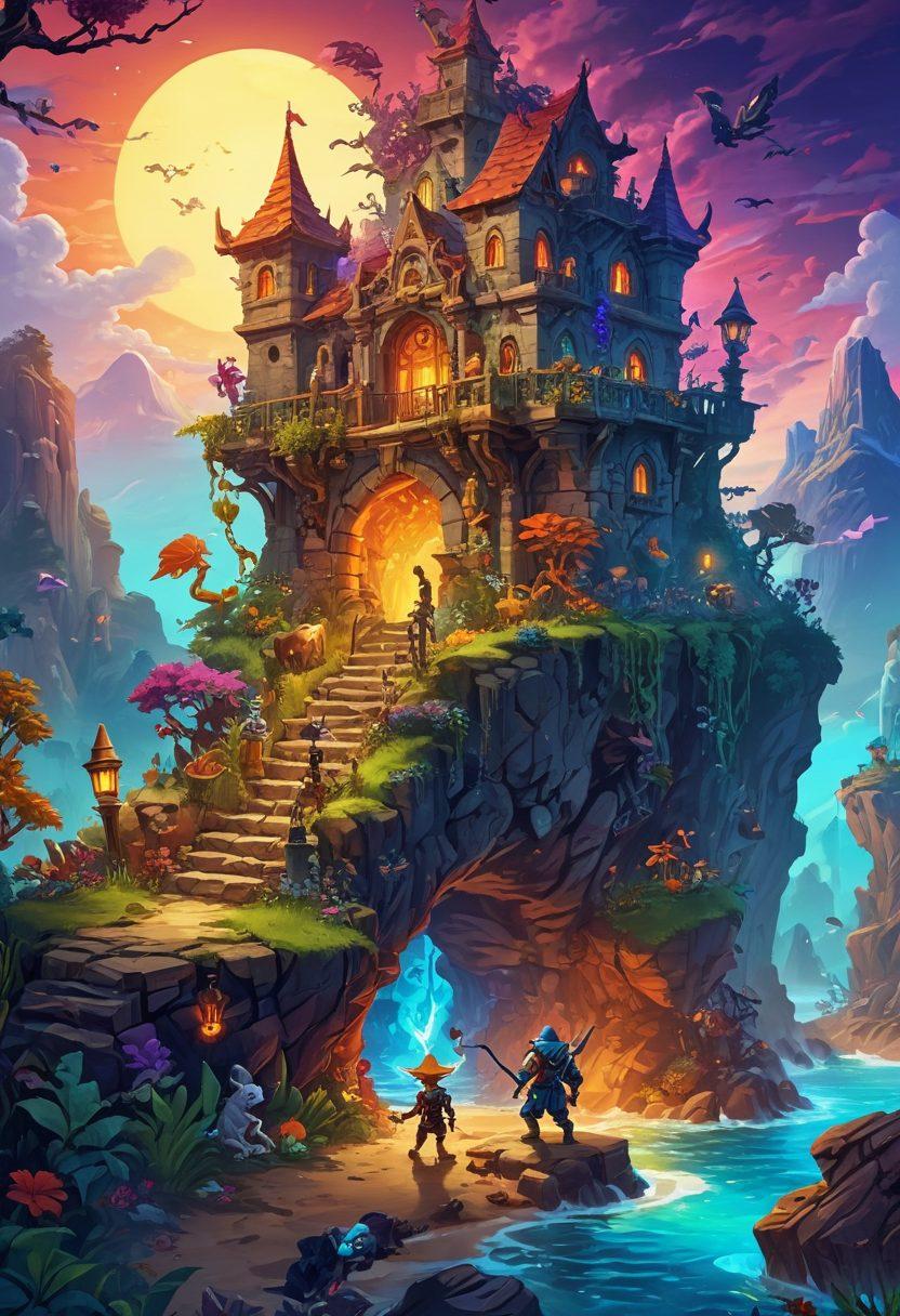 A whimsical illustration of a joyful gamer immersed in the vibrant world of Tibia, surrounded by colorful characters and magical landscapes. The scene depicts bright, cheerful colors with a variety of fantasy creatures and lush environments, highlighting the joy of exploration and adventure. Incorporate glowing ancient ruins and treasure chests. The gamer, with a big smile, interacts with friendly goblins and mystical beasts. a mix of super-realistic and vibrant colors. fantasy style.